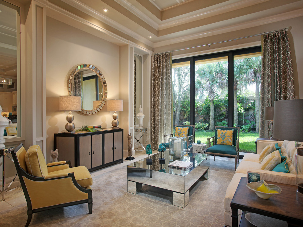 Photo of a large contemporary living room in Miami with beige walls.