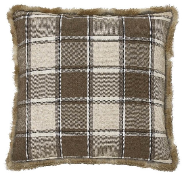 Plaid Pattern Pillow in Brown, Set of 4 Transitional Decorative