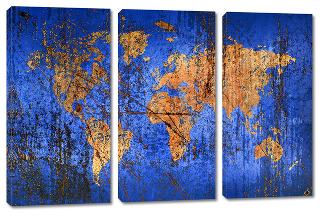 Abstract Blue World Map Canvas Print, 3 Panel Split, Triptych Wall Art ...