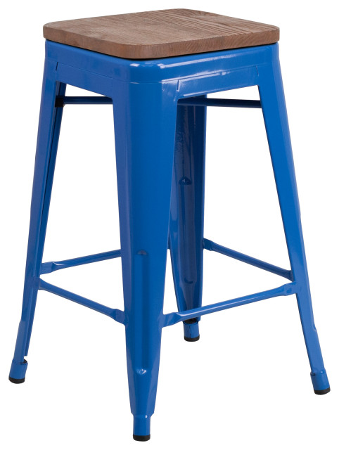 24" Counter Height Blue Metal Dining Stool With Wooden Seat