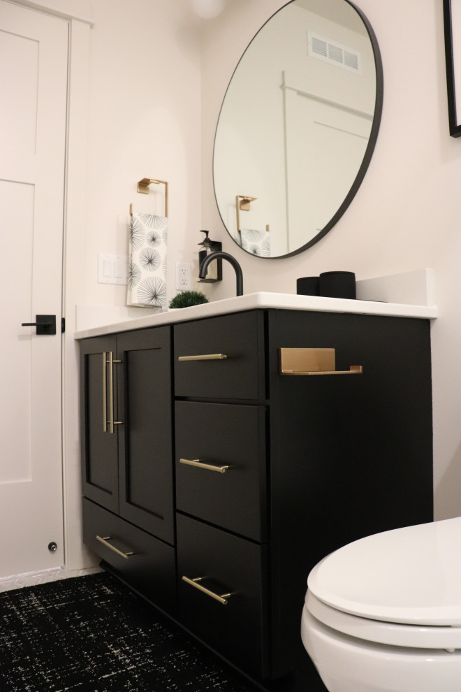 Inspiration for a large transitional l-shaped medium tone wood floor and brown floor open concept kitchen remodel with a single-bowl sink, shaker cabinets, white cabinets, quartz countertops, gray backsplash, subway tile backsplash, stainless steel appliances, an island and white countertops