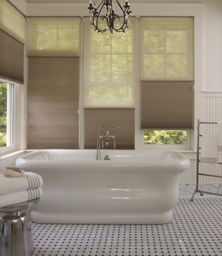 Freestanding bathtub - large transitional master marble floor and gray floor freestanding bathtub idea in Toronto with white walls