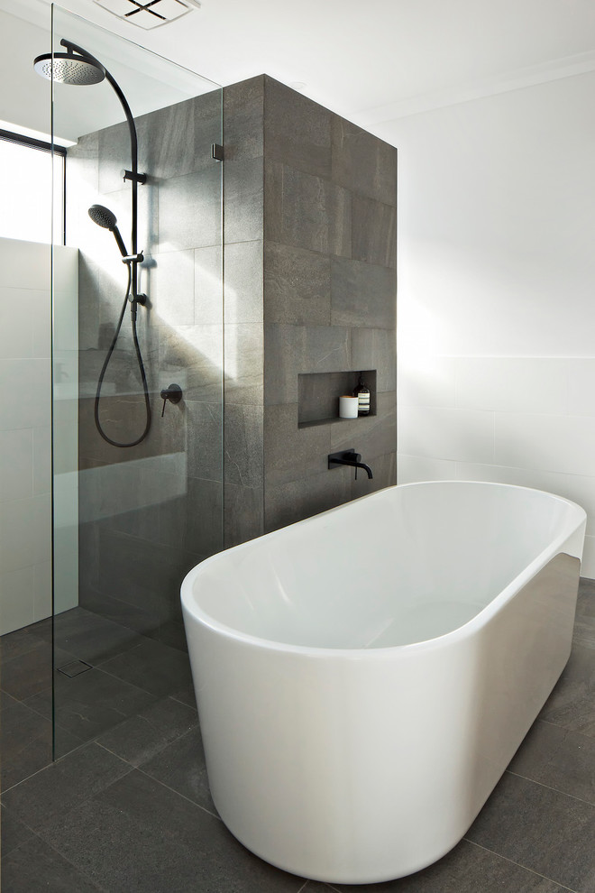 Inspiration for a contemporary master bathroom in Perth with a freestanding tub and an open shower.