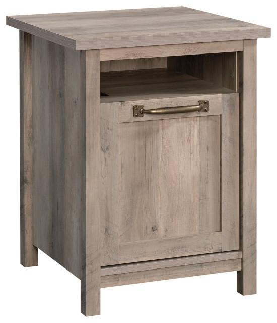 Farmhouse Side Table, Door & Open Shelf With USB Port, Rustic