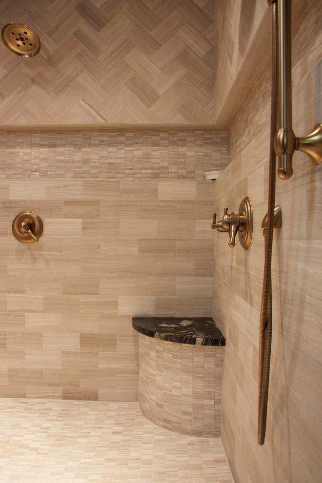 Design ideas for a large contemporary master bathroom in Austin with beaded inset cabinets, dark wood cabinets, a freestanding tub, an open shower, a bidet, beige tile, beige walls, ceramic floors, a drop-in sink and granite benchtops.