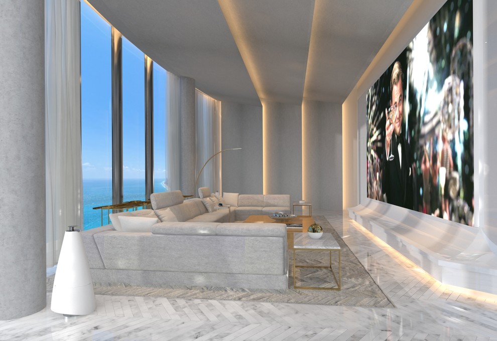 Design ideas for an expansive modern open concept home theatre in Miami with marble floors, white floor, a projector screen and white walls.