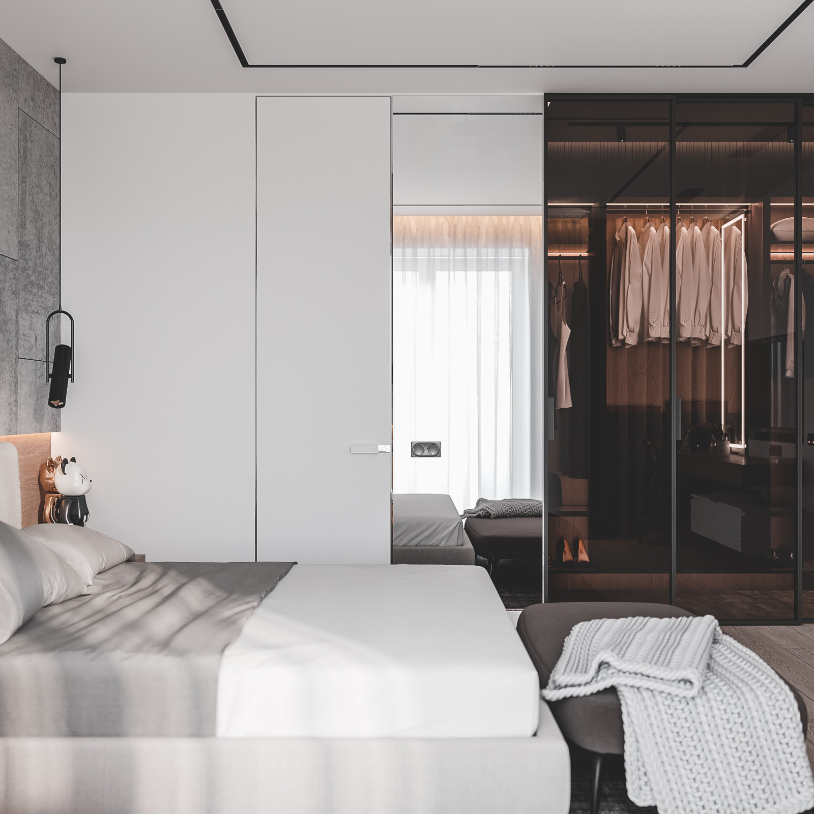 Современная светлая спальня с гардеробом