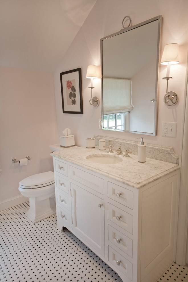 Inspiration for a large traditional 3/4 bathroom in Cleveland with beaded inset cabinets, white cabinets, pink walls, mosaic tile floors, an undermount sink, white floor, grey benchtops, a single vanity and a built-in vanity.