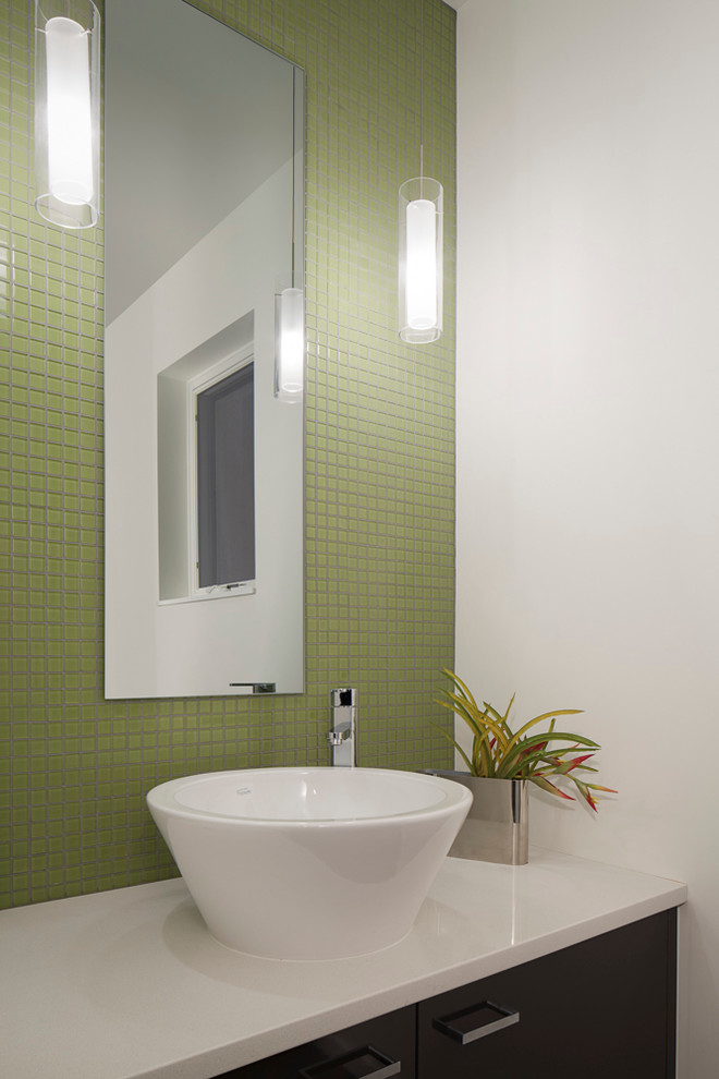 Inspiration for a modern powder room in Denver with a vessel sink and white benchtops.