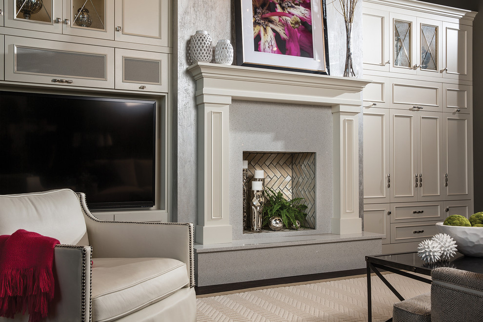 Inspiration for a large transitional formal and open concept dark wood floor and brown floor living room remodel in Minneapolis with gray walls, a standard fireplace, a stone fireplace and a media wall
