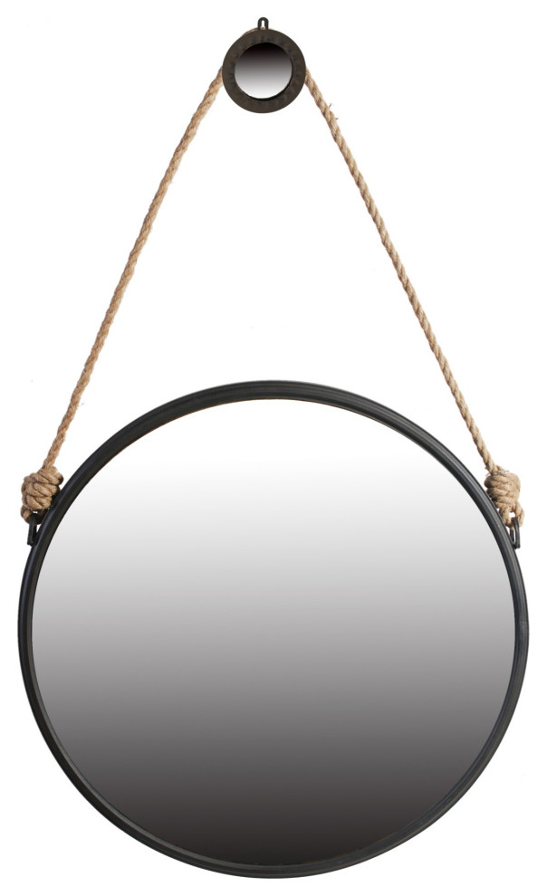 Round Metal Encased Mirror With Braided Rope Hanger, Black Beach