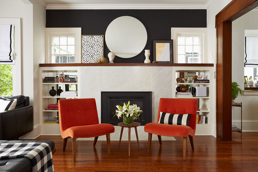 Inspiration for a mid-sized transitional open concept dark wood floor living room remodel in Chicago with white walls, a standard fireplace, a stone fireplace and a wall-mounted tv