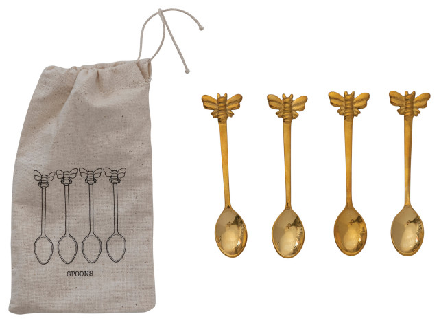 Creative Co-Op Farmhouse Brass Spoons With Bee Handles In Drawstring Bag, Brass Finish
