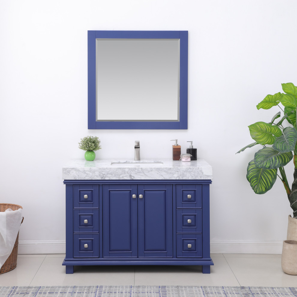 This is an example of a medium sized midcentury bathroom in Dallas with blue cabinets, marble worktops, a single sink and a freestanding vanity unit.