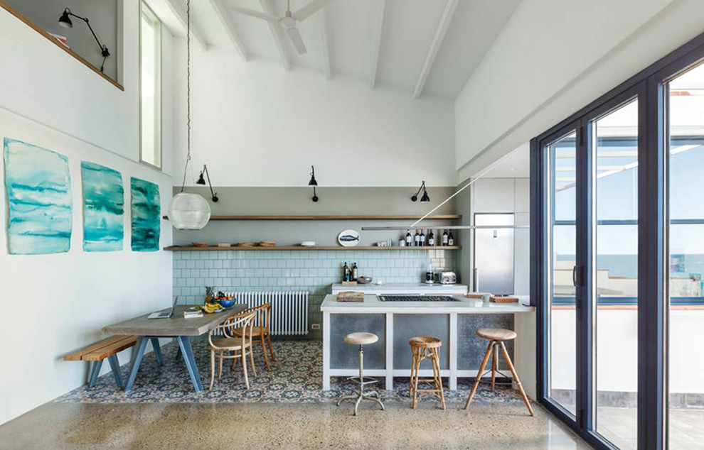 Design ideas for a large mediterranean galley eat-in kitchen in Other with a peninsula.