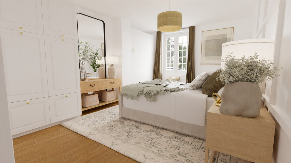 Exemple d'une chambre parentale blanche et bois chic de taille moyenne avec un mur blanc, parquet clair, aucune cheminée, boiseries et dressing.