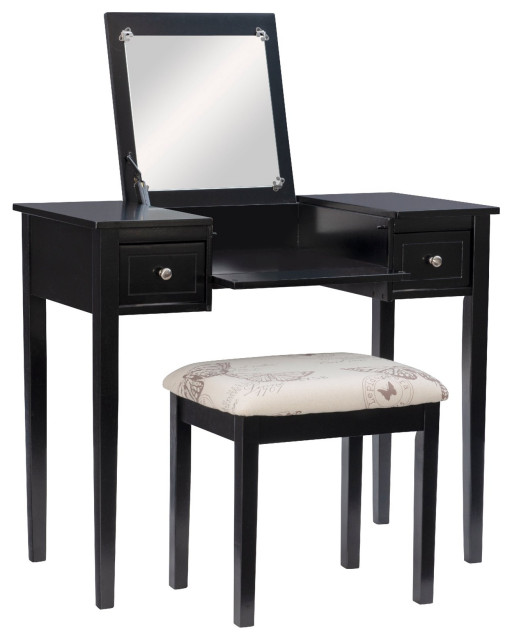 Modern Vanity Set, Plush Padded Stool & Flip Up Mirror With Side