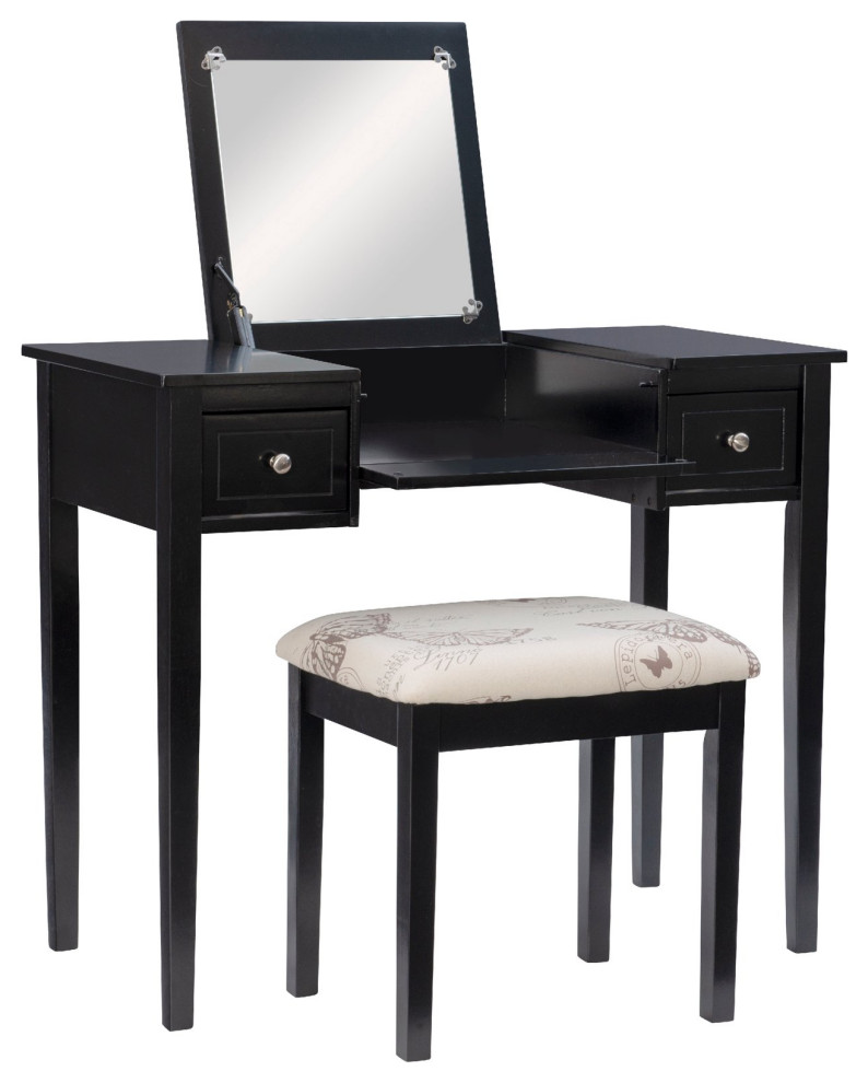 Modern Vanity Set, Plush Padded Stool & Flip Up Mirror With Side