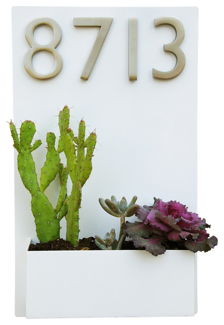 Metal Wall Planter and Address Plaque, White, With Numbers
