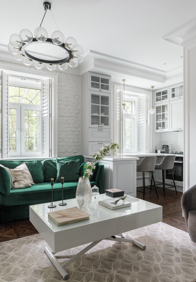 Inspiration for a mid-sized scandinavian open concept living room in Saint Petersburg with white walls, vinyl floors, no tv, brown floor and brick walls.