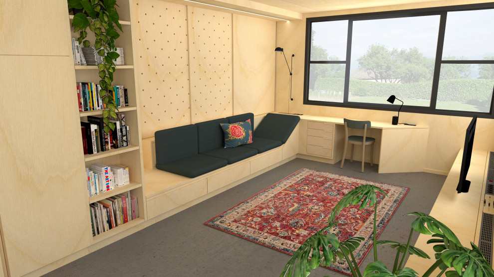 На фото: открытая гостиная комната среднего размера в стиле кантри с с книжными шкафами и полками, бежевыми стенами, бетонным полом, мультимедийным центром, серым полом, деревянным потолком и деревянными стенами без камина