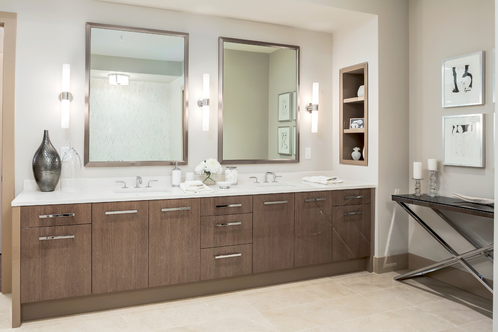 Expansive contemporary master bathroom in Calgary with flat-panel cabinets, medium wood cabinets, a freestanding tub, an alcove shower, a two-piece toilet, white tile, mosaic tile, white walls, porcelain floors, an undermount sink and quartzite benchtops.
