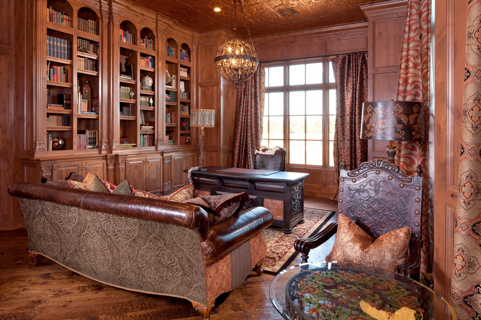 Design ideas for a large traditional study room in Oklahoma City with medium hardwood floors and a freestanding desk.