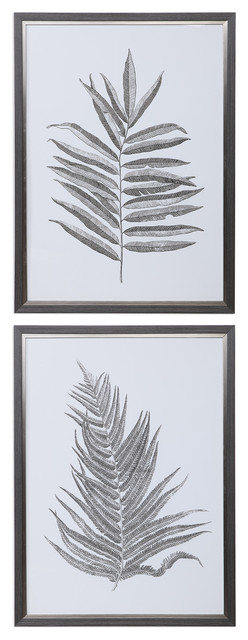 Large Black White Gray Botanical Fern Print Set 2 | Silver Leaves Black Oversize