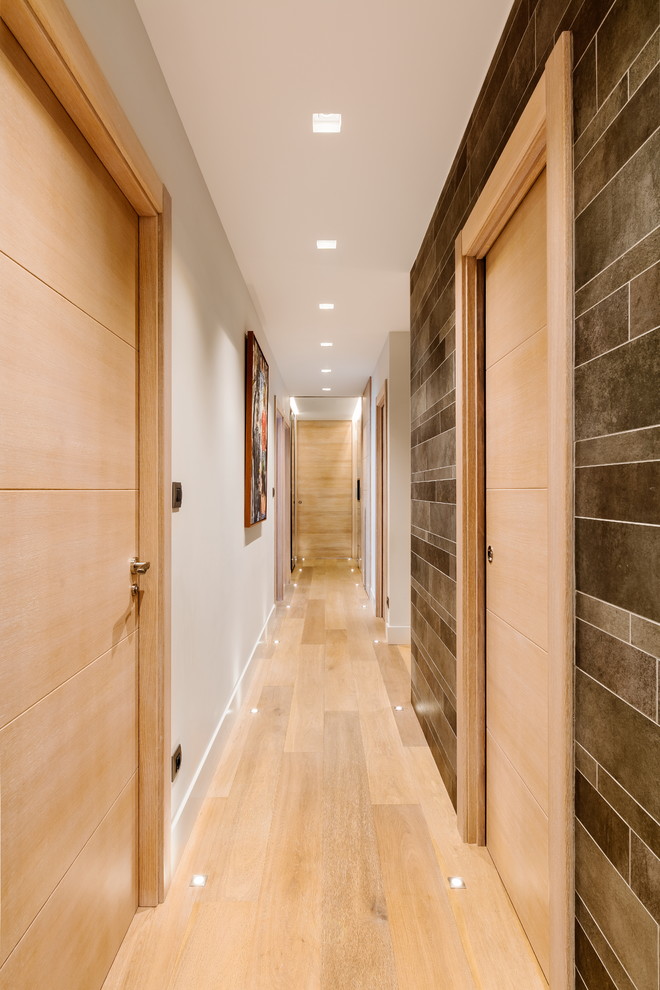 Design ideas for a contemporary hallway in Bilbao with beige walls and medium hardwood floors.