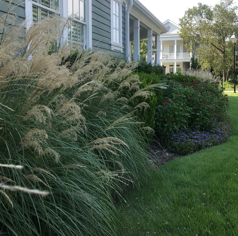 Photo of a mid-sized traditional side yard partial sun garden in Wilmington with mulch.