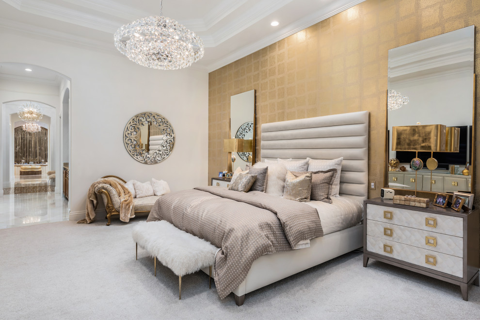 This is an example of a contemporary bedroom in Miami with white walls, carpet, grey floor, recessed and wallpaper.