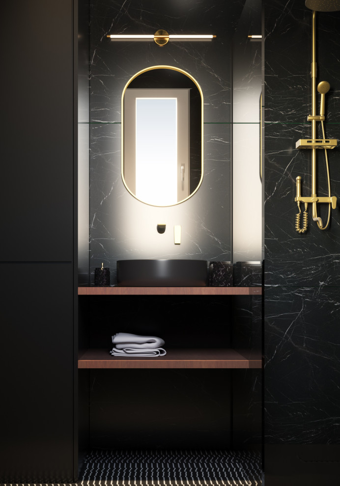 Inspiration pour une petite salle de bain design avec un carrelage noir, un plan de toilette en bois, un plan de toilette marron et meuble simple vasque.