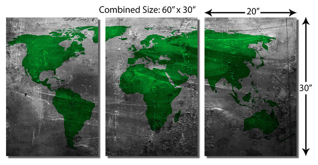 Abstract Green World Map Metal Print Wall Art, 3 Panel Split, Triptych ...