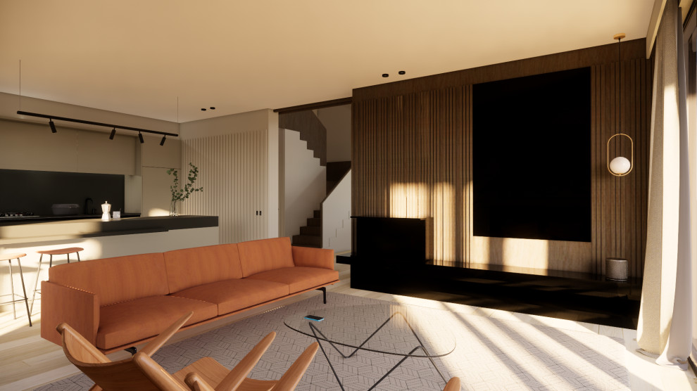 Cette photo montre une salle de séjour tendance en bois de taille moyenne et ouverte avec un bar de salon, un mur marron, un sol en bois brun, une cheminée d'angle, un manteau de cheminée en métal, un téléviseur encastré, un sol marron et un plafond en papier peint.