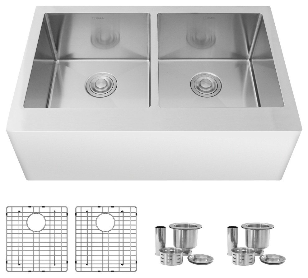 33"x 21" Stainless Steel Double Basin Undermount Kitchen Sink with Grids and Contemporary