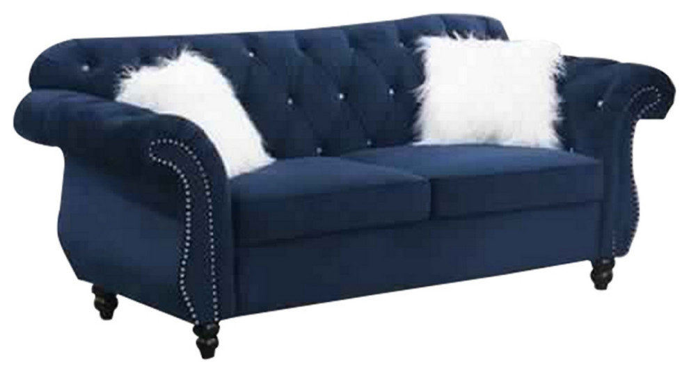77" Nailhead Trim Velvet Loveseat With Crystal Tufting Blue, Saltoro