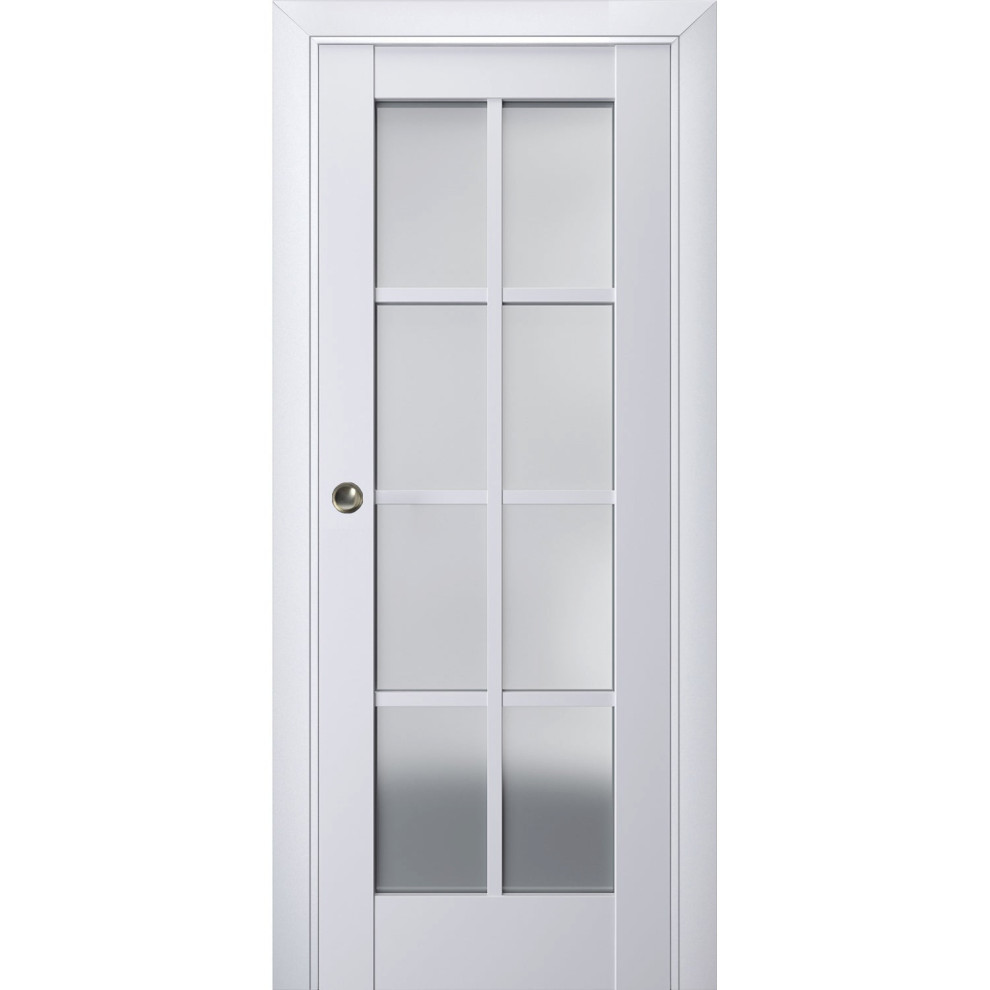 Sliding Pocket Door, Veregio 7412 White & Frosted Glass, Rail, 42"x80