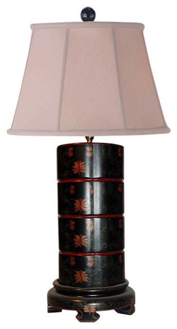 Chinese Black Lacquer Wooden Round, Vase Style Table Lamps