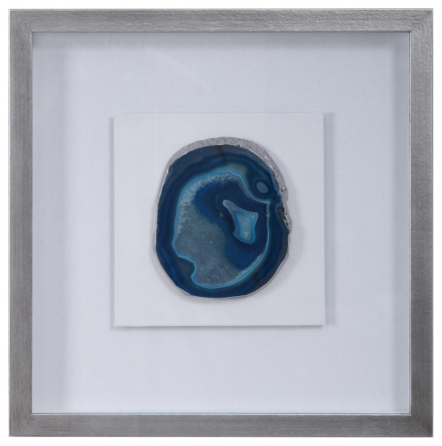 Luxe Blue Natural Agate Stone Slice Shadow Box Wall Art White Silver Frame Contemporary Wall
