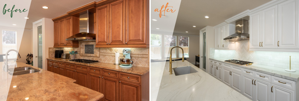 This is an example of a contemporary eat-in kitchen in Sacramento with an undermount sink, white cabinets, quartzite benchtops, white splashback, cement tile splashback, stainless steel appliances, with island and multi-coloured benchtop.