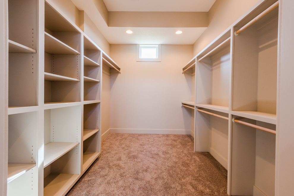 Example of a large transitional gender-neutral carpeted home design design with open cabinets and gray cabinets