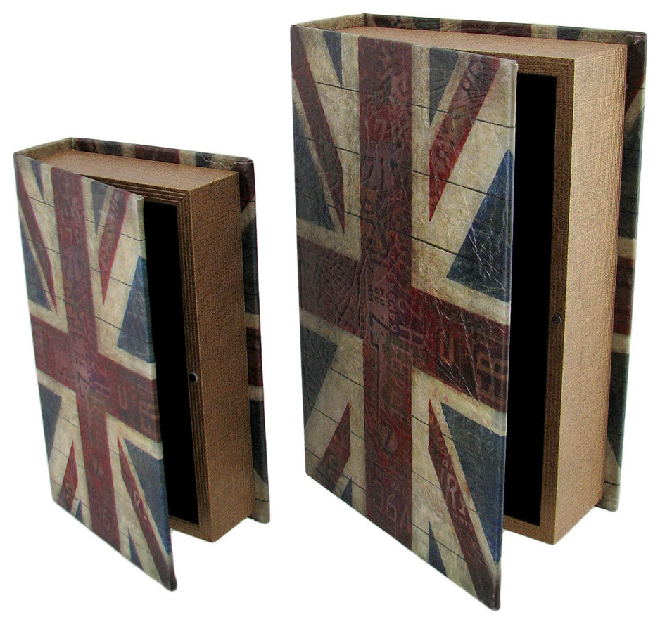Set of 2 British Flag Print Faux Leather Book Secret Stash Boxes