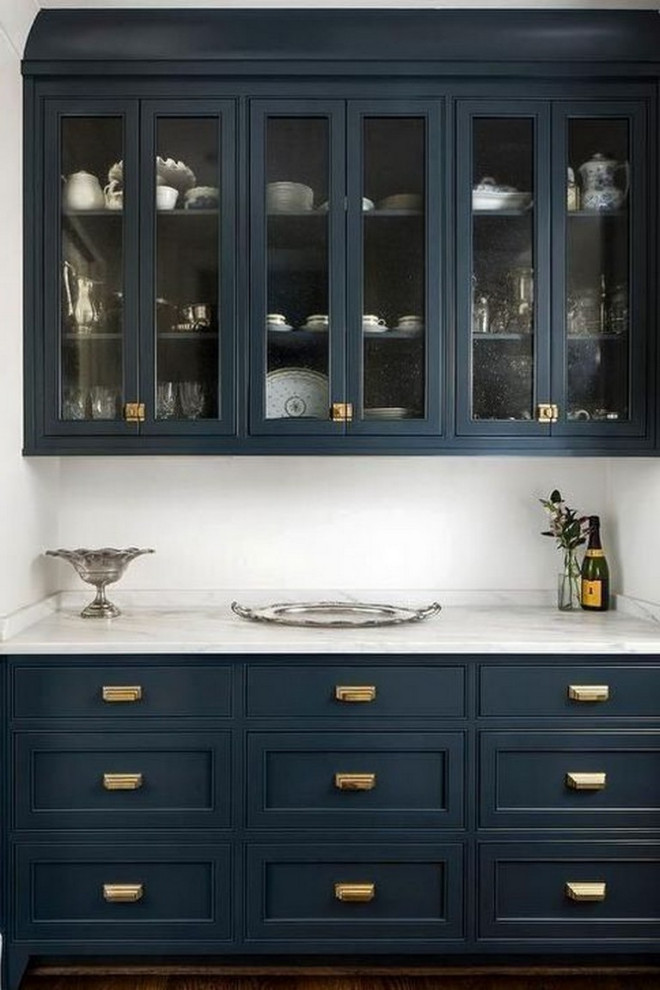 Example of a large transitional dark wood floor and brown floor eat-in kitchen design in Columbus with beaded inset cabinets, blue cabinets, marble countertops, white backsplash, marble backsplash and white countertops