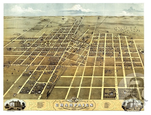Old Map of Champaign Illinois 1869, Vintage Map Art Print, 12"x18" - Contemporary - Prints And ...