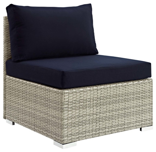 Modern Outdoor Sofa Middle Chair, Sunbrella Rattan, Navy Blue Light Gray