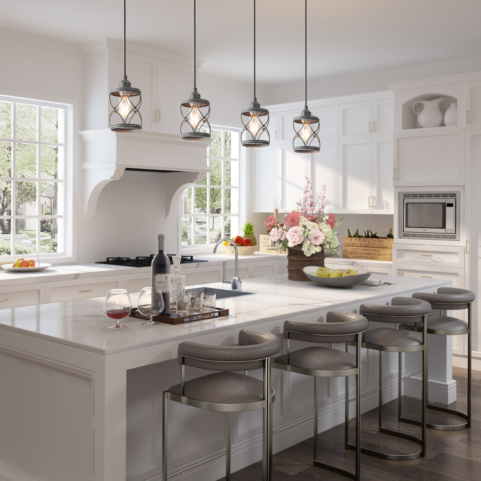 Small modern l-shaped eat-in kitchen in Atlanta with a drop-in sink, beaded inset cabinets, white cabinets, concrete benchtops, white splashback, brick splashback, white appliances, plywood floors, with island, brown floor and white benchtop.