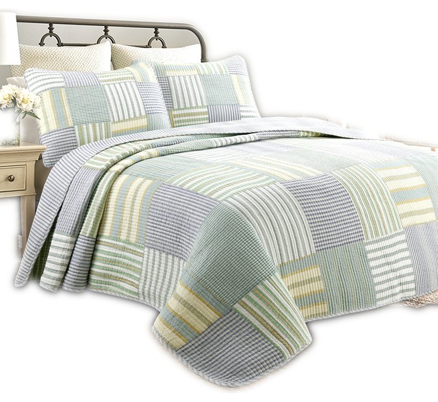 Fresno Green Stripe Real Patchwork 100Cotton Quilt Set, King Set Farmhouse Quilts And Quilt
