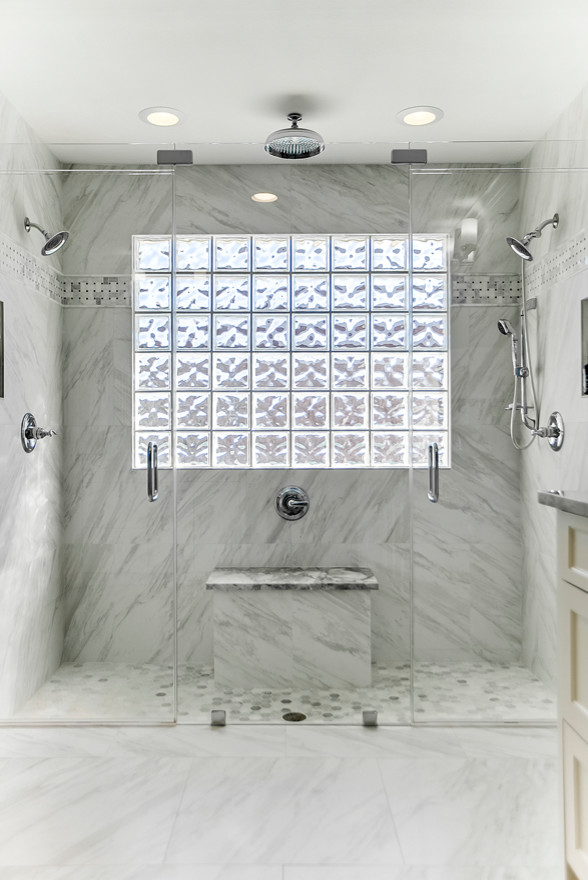 Inspiration for a large contemporary master wet room bathroom in Dallas with beaded inset cabinets, white cabinets, grey walls, marble floors, an undermount sink, granite benchtops, multi-coloured floor and a hinged shower door.