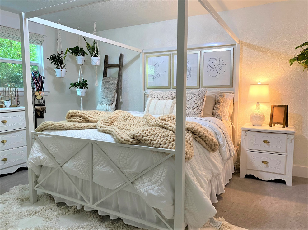 Mid-sized transitional bedroom in Portland with white walls, carpet, beige floor and wallpaper.