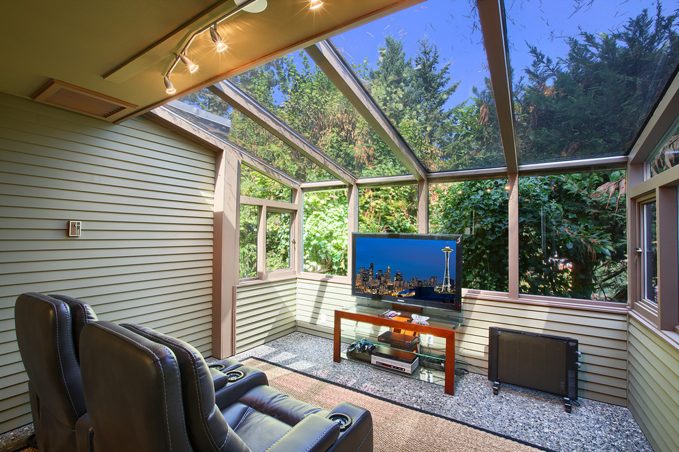 Inspiration for a mid-sized mid-century modern gray floor sunroom remodel in Seattle with no fireplace and a glass ceiling